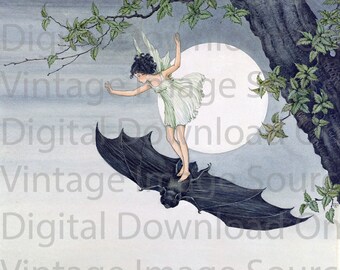 DIGITAL DOWNLOAD Ida Rentoul Outhwaite 1920s Illustration Fairy Girl on Black Bat Art Witch Mythic Fairy Tale Gothic Goth Faerie