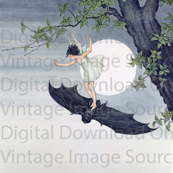 DIGITAL DOWNLOAD Ida Rentoul Outhwaite 1920s Illustration Fairy Girl on Black Bat Art Witch Mythic Fairy Tale Gothic Goth Faerie