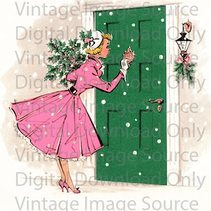Download digitale STAMPABILE Biglietto di Natale vintage anni '50 Donna Vestito rosa pastello Retro Mid Century MCM Mid Century Card
