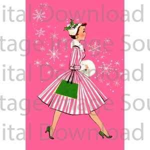 Download digitale STAMPABILE degli anni '50 Vintage Christmas Card Donna Rosa Pastello Abito Shopping Retro Mid Century MCM Mid Century Card