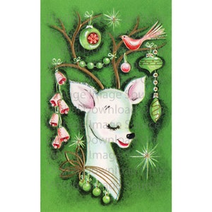 DIGITAL DOWNLOAD- 1950s Vintage Christmas Deer Kitschy Retro Pink Fawn Mid Century Card Reindeer MCM Mid Century Card