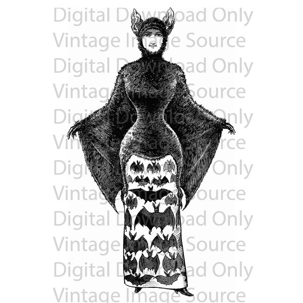 Digital Download Vintage 1800s Halloween Fancy Costume Bat Lady Illustration Art Gothic Goth Woman Victorian Holiday Card Edwardian