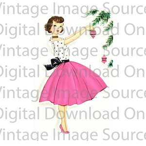 DIGITAL DOWNLOAD-  1950s Vintage Christmas Card Woman Pink Pastel Dress Shopping Retro Mid Century MCM Mid Century Card