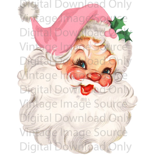 Digital Download- PNG Clipart 1950s Vintage PRINTABLE Christmas Card Pink Hat Santa Claus Pastel Kitschy Retro Mid Century MCM