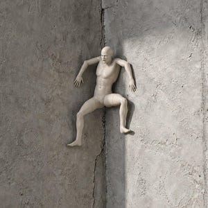 May include: A light beige, smooth-surfaced human figurine in a climbing pose, positioned against a textured gray concrete corner. The figure has a neutral expression, defined musculature, and articulated joints. The text kamdes3d.etsy.com is visible.