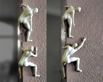 Couple Wall Climber Figures, Minimalist Climbing Wall Sculptures