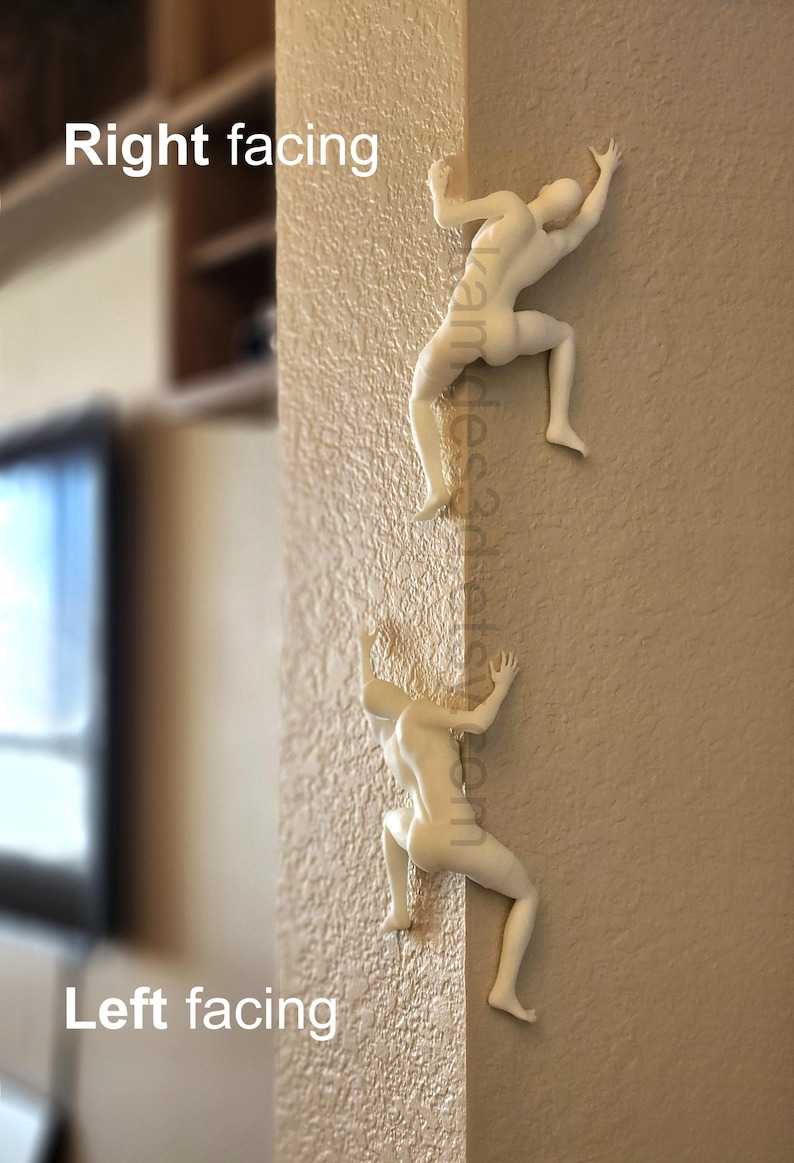 May include: Two off-white, three-dimensional wall sculptures depicting human figures in a climbing pose. One figure is positioned higher and labeled Right facing, while the other is lower and labeled Left facing. The text kamdes3d.etsy.com is visible.