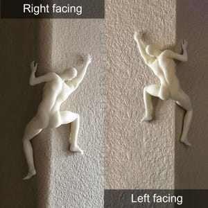 May include: Two off-white wall-mounted sculptures depicting a human figure in a climbing pose. One figure is labeled Right facing, showing the body angled toward the right, while the other is labeled Left facing, showing the body angled toward the left.