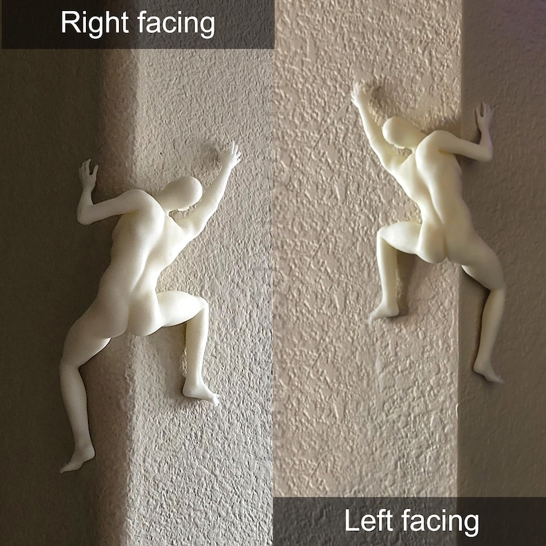 May include: Two off-white wall-mounted sculptures depicting a human figure in a climbing pose. One figure is labeled Right facing, showing the body angled toward the right, while the other is labeled Left facing, showing the body angled toward the left.