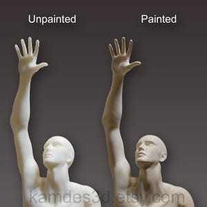 May include: Two human-like busts with one arm raised and hand open. The left bust is labeled Unpainted and is a solid off-white color. The right bust is labeled Painted and features skin-toned shading. The text kamdes3d.etsy.com is at the bottom.