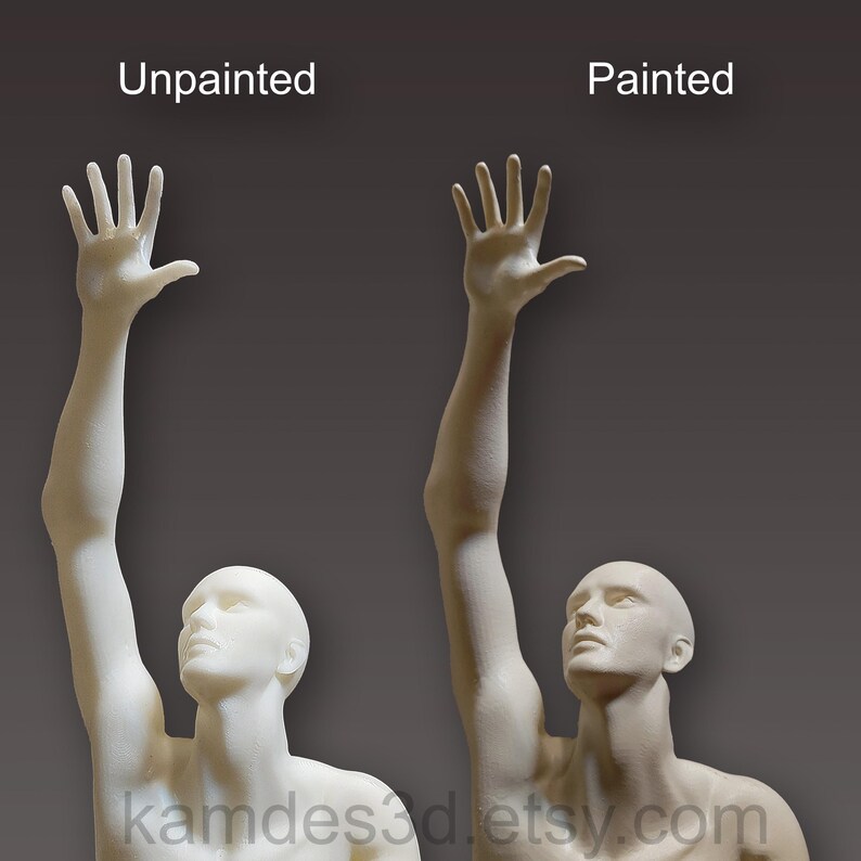May include: Two human-like busts with one arm raised and hand open. The left bust is labeled Unpainted and is a solid off-white color. The right bust is labeled Painted and features skin-toned shading. The text kamdes3d.etsy.com is at the bottom.