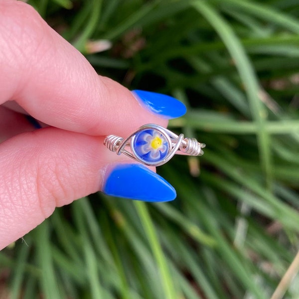 Millefiori Ring, Flower Ring, Wire Wrapped Ring, Floral Jewelry, Handmade Dainty Ring, Gift for Her, Christmas Gift, Stocking Stuffer