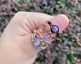 Amethyst Ring, Wire Wrapped Crystal Ring, Purple Gemstone, Dainty Ring, February Birthstone, Stress Relief Ring, Mothers Day Gift