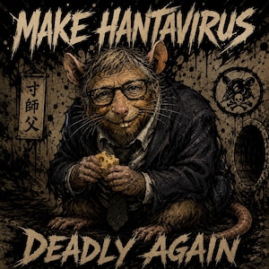 Puede incluir: Una ilustración de tonos oscuros que muestra una rata con gafas, traje y corbata, sosteniendo un trozo de queso amarillo. El texto dice MAKE HANTAVIRUS en la parte superior y DEADLY AGAIN en la inferior. Se ven un pergamino con caracteres japoneses y un emblema de calavera.