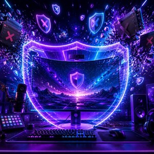 May include: A gaming computer setup featuring a curved monitor displaying a landscape with a glowing purple shield icon. The desk includes a mechanical keyboard, a mouse, a microphone, speakers, and headphones, all illuminated by vibrant neon purple light.
