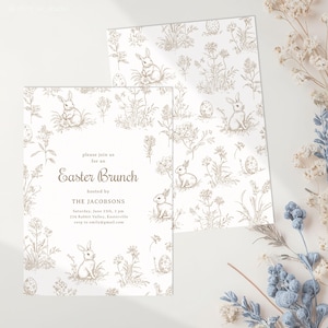Inbjudan till påskbrunch, Toile med kanin, digital påskfestinbjudan för familjesammankomst