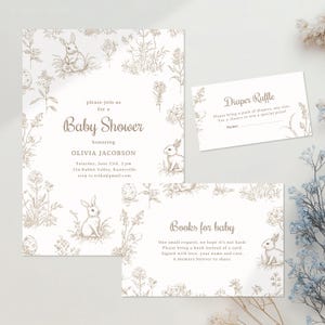 Easter Baby Shower Invitation Template Set with a gender neutral beige vintage french toile illustration. The invite features fully editable text. Two smaller cards include a Diaper Raffle and a Books for Baby request.