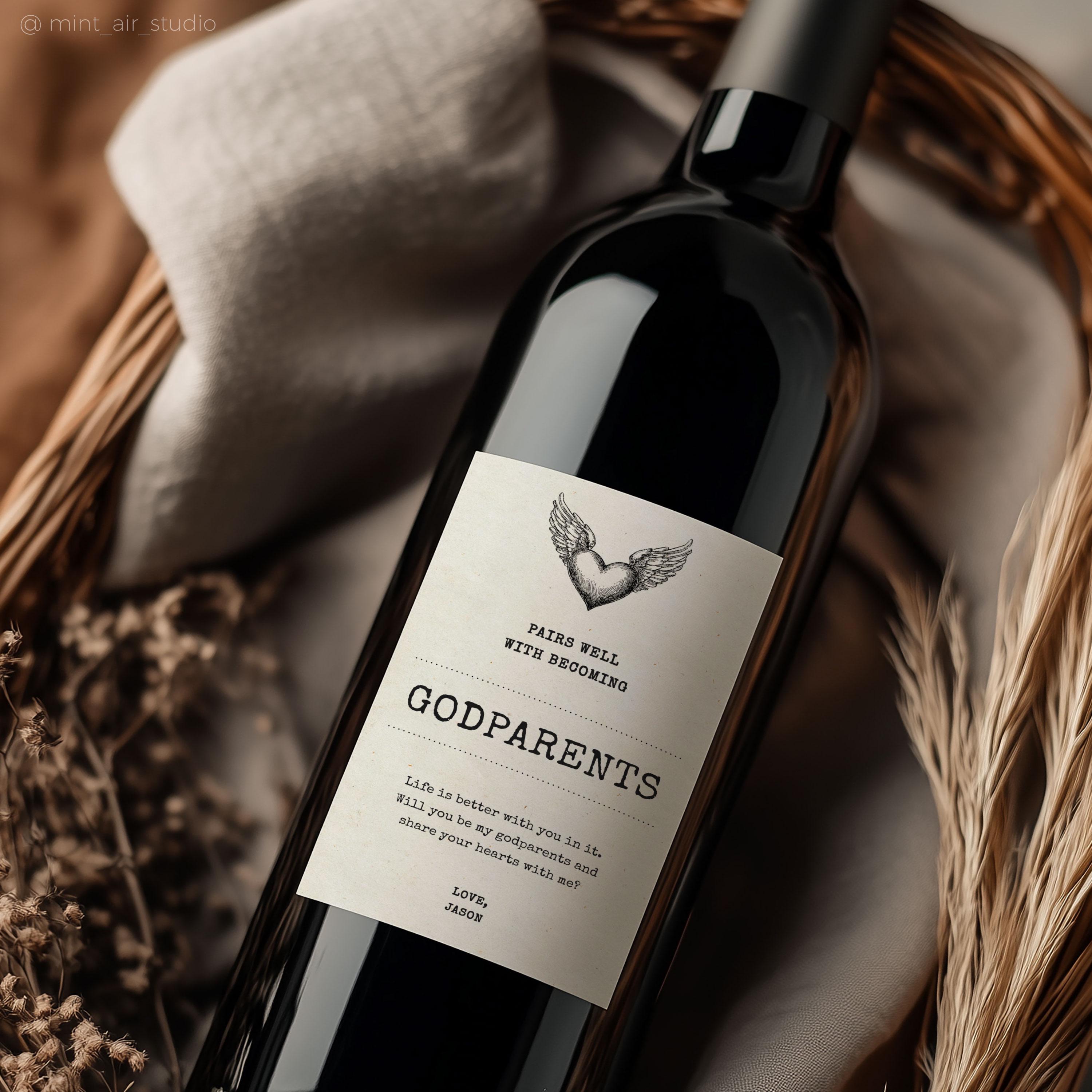 Godparent Proposal Wine Label Template. Custom wine bottle label for a godparent gift. Editable digital template.
