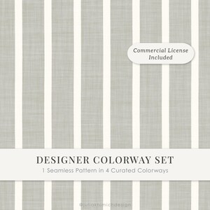 May include: A seamless pattern featuring vertical stripes in alternating shades of light gray and white with a subtle linen-like texture. The image includes text that reads Commercial License Included, DESIGNER COLORWAY SET, and 1 Seamless Pattern in 4 Curated Colorways.