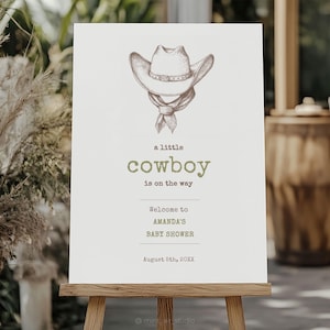 Cartello di benvenuto per baby shower da cowboy, cartello per baby shower western per un bambino. Modello di cartello digitale per il tema del rodeo e del selvaggio West con un cappello da cowboy.