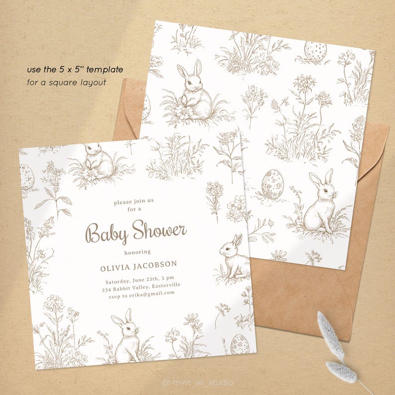 Easter baby shower invitation with a vintage french toile pattern features design for the front and back of the card.  Use the 5 by 5 inches template for a square layout.