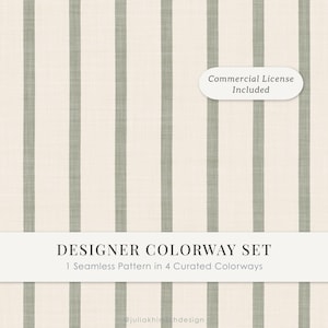 Peut inclure: Un motif numérique sans couture présentant des rayures verticales vert sauge et blanc cassé avec une texture de tissu subtile. L'image contient le texte Commercial License Included, DESIGNER COLORWAY SET, et 1 Seamless Pattern in 4 Curated Colorways.