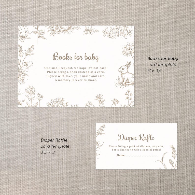 Along with the Easter baby shower invitation, you will receive matching beige vintage toile designs: a Books for Baby card, 5 by 3,5 inches, and a Diaper Raffle card, 3,5 by 2 inches.
