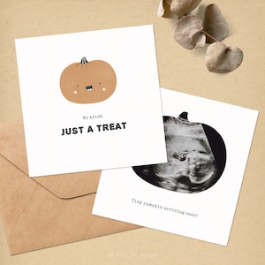 Halloween Schwangerschaftsankündigung digital, Herbst Schwangerschaft offenbaren mit Ultraschall, Spooky Baby Anzeigekarte. Minimalistische neutrale Vorlage.