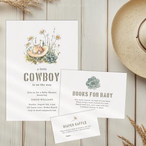 Plantillas para invitaciones a baby shower de vaqueros, tarjetas de invitación para baby shower del oeste, libros para bebé y sorteo de pañales. Temática del rodeo del salvaje oeste.