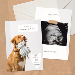 Schwangerschaftsankündigung digital, Schwangerschaftsmitteilung von Hundeliebhabern. Minimalistische Schablone mit Ultraschall. Haustier-Baby-Ankündigungskarte.