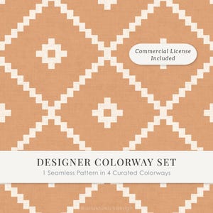 Puede incluir: Un patrón digital sin costuras con fondo naranja terracota, una cuadrícula geométrica de diamantes blancos y motivos de cruz centrados. Los textos incluyen Commercial License Included, DESIGNER COLORWAY SET y 1 Seamless Pattern in 4 Curated Colorways.