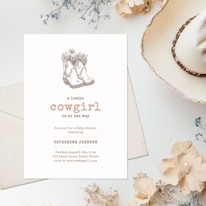 Modello di invito per baby shower a tema cowgirl, invito digitale per tema selvaggio West e rodeo. Biglietto di invito per baby shower a tema western.