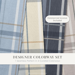 May include: A set of four seamless plaid patterns in light blue, cream, dark navy, and light gray colorways. The image features the text "DESIGNER COLORWAY SET 1 Seamless Pattern in 4 Curated Colorways" and a label stating "Commercial License Included".