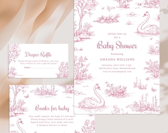Swan Baby Shower Invitation, Princess Girl Shower Invite with Pink Toile de Jouy