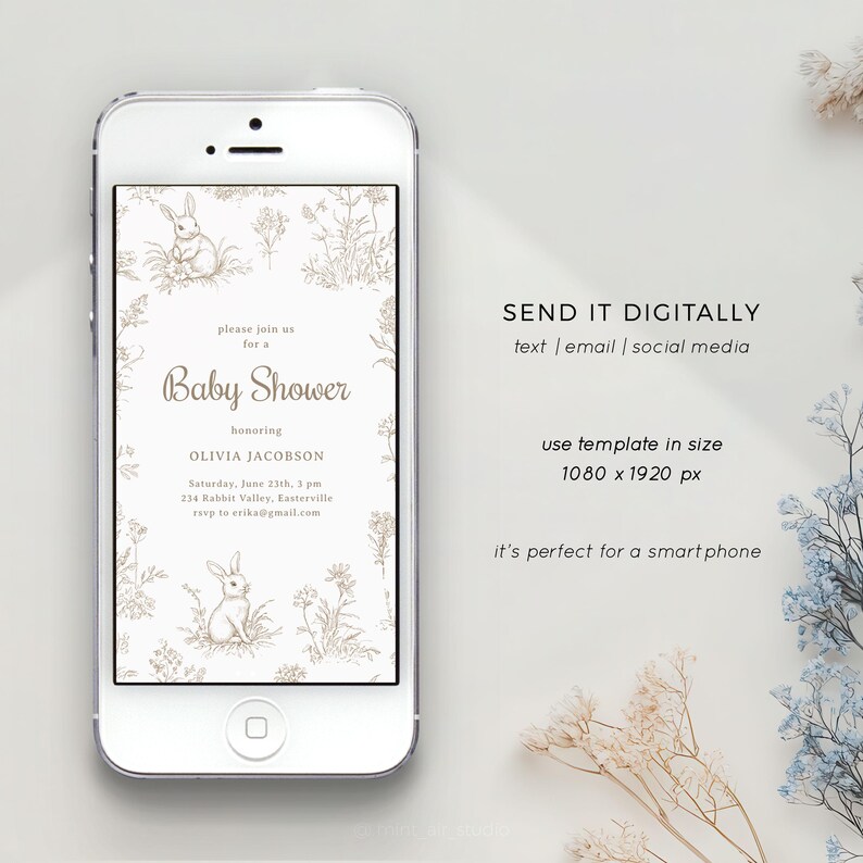 Easter Baby Shower Invitation Template with a vintage french toile illustration, sized at 1080 by 1920 pixels for smartphones. You can send this card digitally via email, messengers, or share it on social media.