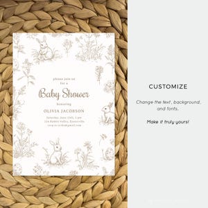 Digital editable Easter baby shower invitation with cute bunnies, designed in a style of a vintage french toile. You can easily customize the text, background, and fonts.