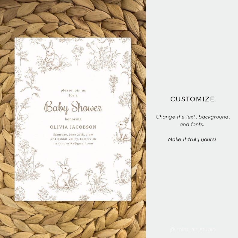 Digital editable Easter baby shower invitation with cute bunnies, designed in a style of a vintage french toile. You can easily customize the text, background, and fonts.