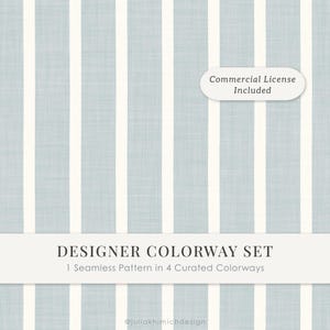 May include: A seamless pattern featuring vertical stripes in light blue and off-white with a subtle fabric texture. The image includes text that reads Commercial License Included, DESIGNER COLORWAY SET, 1 Seamless Pattern in 4 Curated Colorways.