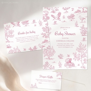Plantilla de invitación para baby shower en toile. Invitación rosa para baby shower de niña. Invitación digital en toile de jouy francés con carruaje y cigüeña.