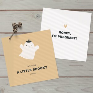 Halloween-Schwangerschaftsankündigung an einen Ehemann. Digitale Halloween Baby Enthüllung. Gruselige Schwangerschaftsmitteilungsvorlage mit einem niedlichen Gespenst.