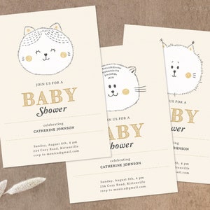 Tarjeta de invitación digital editable para Baby Shower, una invitación a fiesta con un lindo gatito. Plantilla imprimible minimalista. Invitación en línea para teléfono inteligente.