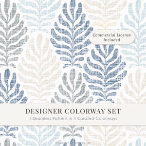 Könnte beinhalten: Ein nahtloses Muster mit stilisierten Farnblättern in Blau-, Grau- und Beigetönen mit einem strukturierten Stoffeffekt. Das Bild enthält den Text Commercial License Included und Designer Colorway Set 1 Seamless Pattern in 4 Curated Colorways.