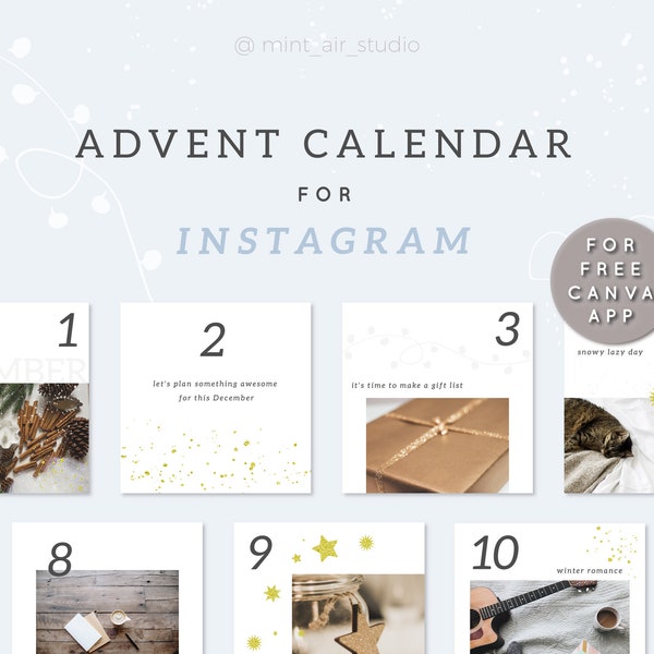 Weihnachtlicher Adventskalender. Instagram Vorlagen für Canva. 50 Winter Canva Templates, Post und Story Instagram Feed mit Gold Glitter