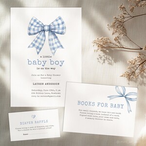 Plantilla de invitación para baby shower con lazo azul, tarjeta de invitación para baby shower con lazo azul coqueto. Invitación digital para un bebé varón.