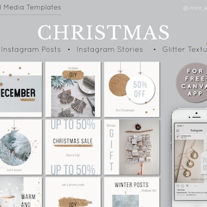 Christmas Instagram Templates for posts and stories. Holiday Canva Templates, Instagram Feed. Winter Social Media Kit, Christmas marketing.