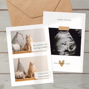 Schwangerschaftsankündigung, Digitale Schwangerschaftsmitteilung von einem Katzenliebhaber. Haustier-Baby-Ankündigungskarte. Minimalistische Schablone mit Ultraschall.