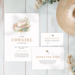 Plantillas para invitaciones a baby shower de vaqueras, baby shower con temática del oeste, salvaje oeste y rodeo. Tarjeta de invitación, sorteo de pañales y libros para bebé