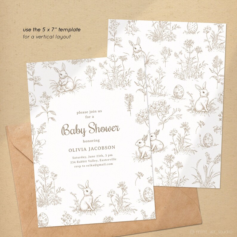 Easter baby shower invitation with a vintage french toile pattern features design for the front and back of the card. The invite features fully editable text with an elegant font. Use the 5 by 7 inches template for a vertical layout.