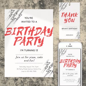Puede incluir: Invitación blanca de fiesta de cumpleaños con texto rojo "BIRTHDAY PARTY" y "I'M TURNING 13". Incluye una etiqueta de agradecimiento a juego y un teléfono inteligente que muestra la invitación. La invitación incluye la fecha, la hora y el lugar.