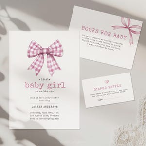 Plantilla de invitación para baby shower con lazo rosa, tarjeta de invitación para baby shower con coqueta rosa. Invitación digital para niña.